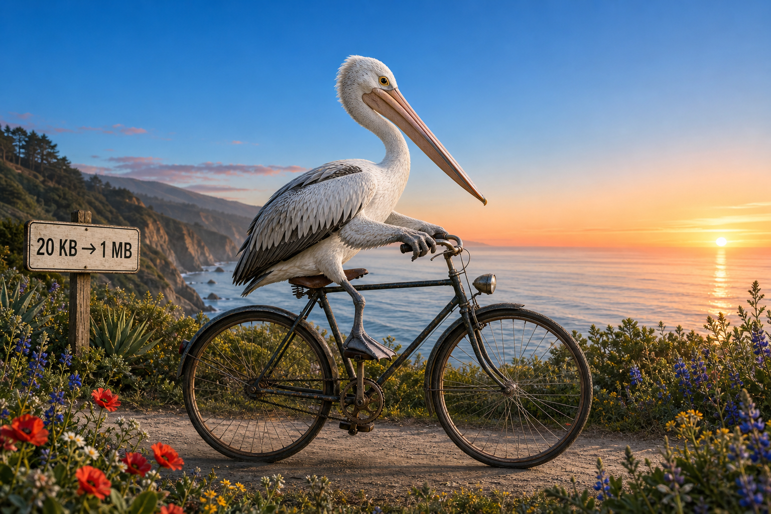 Pelican riding a bicycle beside a 20KB to 1MB sign, designed as an image compression torture test